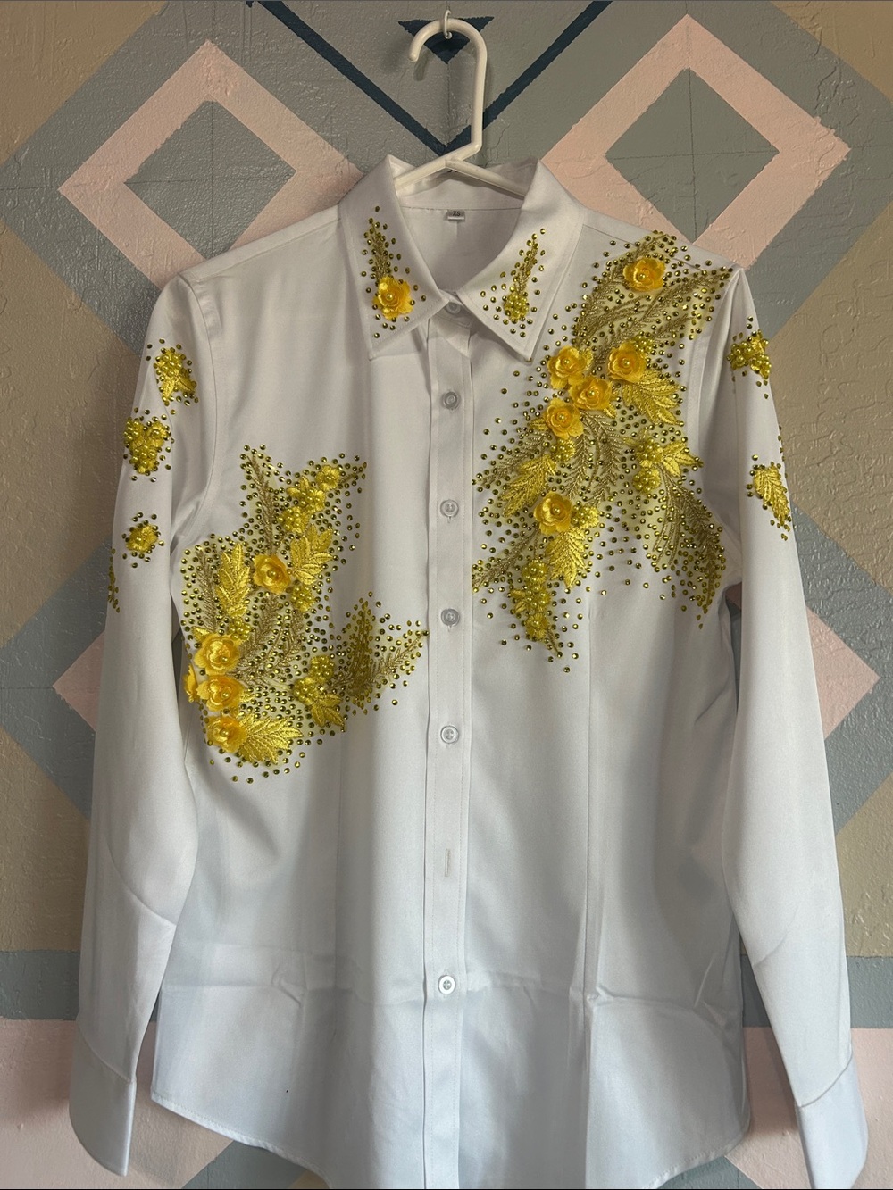 Handmade Rodeo queen Shirt with Yellow Floral Embroidery and rhinestones